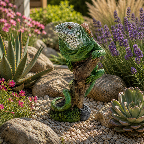 Grüne iguana gartenfigur kletternd auf texturierter astbasis aus wetterfestem material für den außenbereich