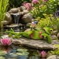 Liegende froschdame figur grün mit gelben augen und rosa bikini auf felsen mit miniature cocktailglas