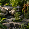 Ein glänzender grüner keramik yoga frosch in meditativer pose auf stein 20x9,5x15 cm