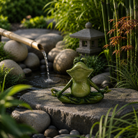 Ein glänzender grüner keramik yoga frosch in meditativer pose auf stein 20x9,5x15 cm