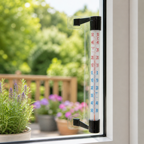 Fenster-thermometer 20x5x2cm mit klarer glasanzeige, schwarzem kunststoffgehäuse und dualer skala in celsius und fahrenheit an weißem fenster montiert