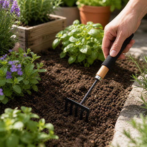 Schwarze metall-gartengerät harke mit 30 cm breite, holzgriff und schwarzem griff für den gartengebrauch