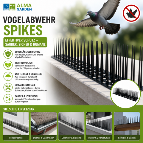 Schwarze vogelabwehr-spikes aus plastik 90cm 2er-set für gartenzaun zum schonenden taubenabwehr