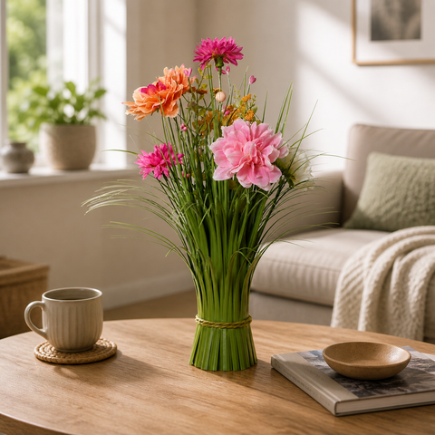 Ein lebendiger strauß aus orange und pinken blumen in einer grünen grasähnlichen vase mit juteschnur
