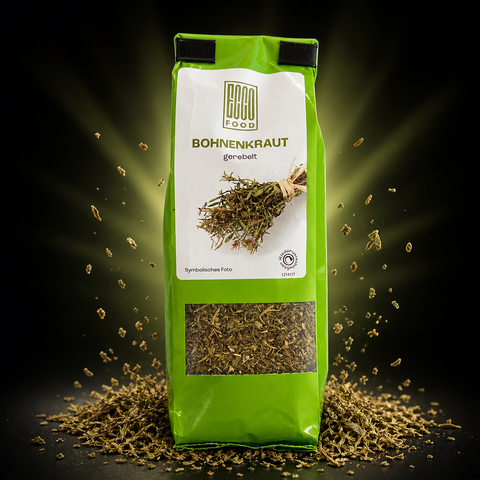 Grüne tacco food bohnenkraut gerebelt packung mit gemahlenem thymian für würzen und kochen