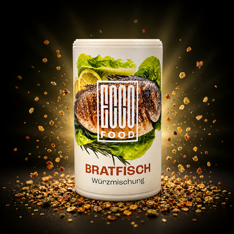 Weiße zylindrische dose bratfisch würzmischung mit etikett und abbildung von gegrilltem fisch salat zitrone rosmarin