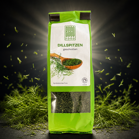 Ein leuchtend limettengrüner beutel dillspitzen geschnitten mit fenster zur sicht auf getrockneten dill