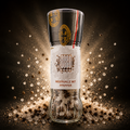 Klare glas pfeffermühle mit gold schwarz logo und braunem hooo food schriftzug auf weißem etikett
