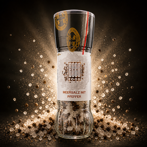 Klare glas pfeffermühle mit gold schwarz logo und braunem hooo food schriftzug auf weißem etikett