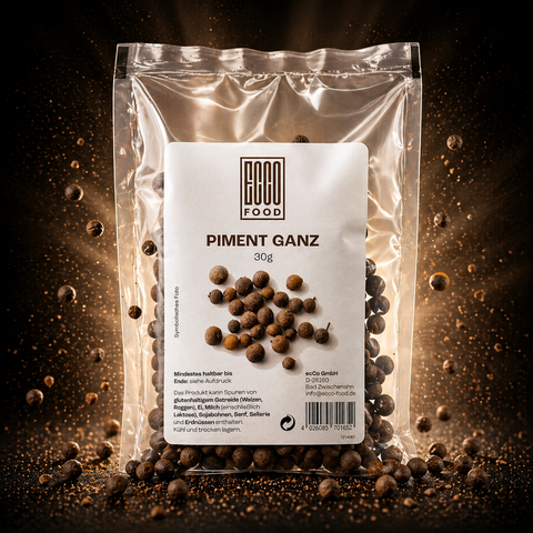 Eine klare plastikverpackung mit ganzem schwarzem pfeffer labeled piment ganz von eco-food 30g