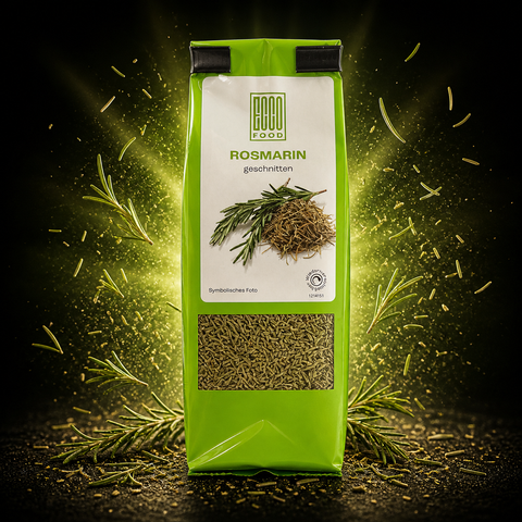 Ein leuchtend grüner beutel geschnittener rosmarin von eco food mit klarem fenster zur sichtbarkeit des getrockneten krauts