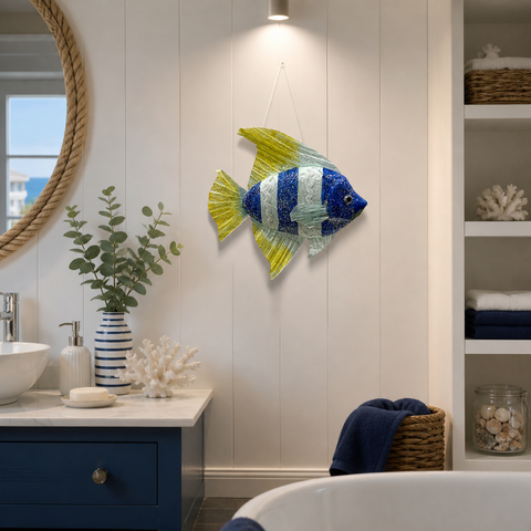 Anhänger fisch 19 cm blau und gelb aus glas mit glitzernden streifen als wanddekoration