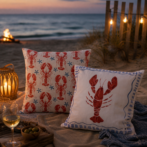 Zwei quadratische outdoor-kissen 45x45cm mit hummermotiv in rot und blau auf cremefarbenem grund