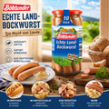 Ein glas mit böklunder echte land-bockwurst 500g mit rotem deckel und blauem etikett enthält 10 braune würste