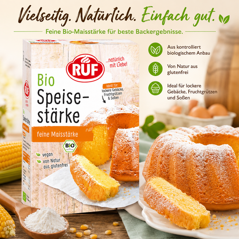 Ruf bio speisestärke 400g fine organische maisstärke box mit rustikalem design und goldenen backwarenbildern