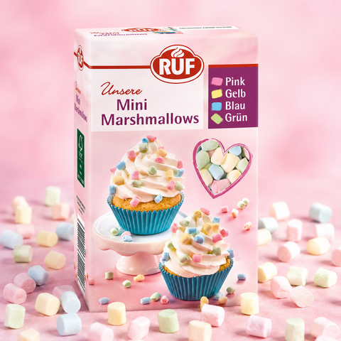 Ruf mini marshmallows 45g mit rosa gelben blauen und grünen mini marshmallows in einer schachtel