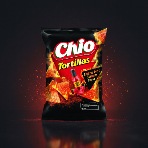 Chio tortillas chips extra hot sauce style 110g schwarzer beutel mit feurigen orangen tortillas und roter sauceflasche