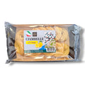 Eine packung goldbrauner zitronenclambelle-kekse in klarer plastikverpackung mit italienischem zitronenetikett