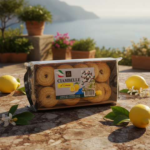Ein paket goldbrauner zitronenclambelle kekse im klaren plastik mit italienischem etikett und zitronenblumendesign