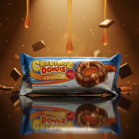 Cravingz caramel-donut snack bar mit schokoladenüberzogenen kuchen in blau weißer verpackung von jouy & co