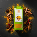 Eine leuchtend grüne 60g tüte curry gewürzmischung von good food mit weißem etikett und bild von kurkuma und gewürzen