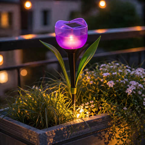 Led solar blume vistoso mit lila transparentem tulpenförmigem licht, schwarzem stiel und grünen blattakzenten