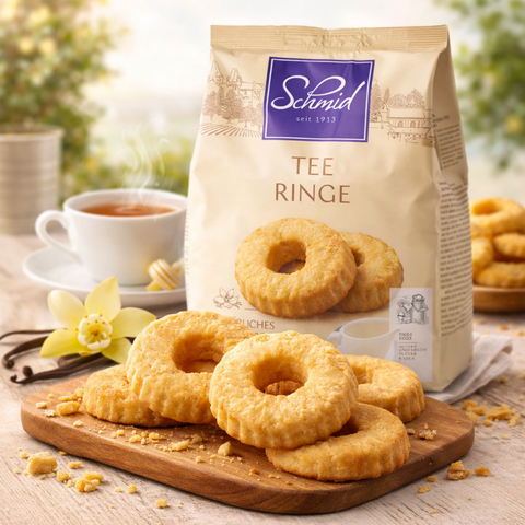 Goldbraune ringförmige tee-ringe von schmidt, ordentlich auf einem holzbrett arrangiert, 750 g packung