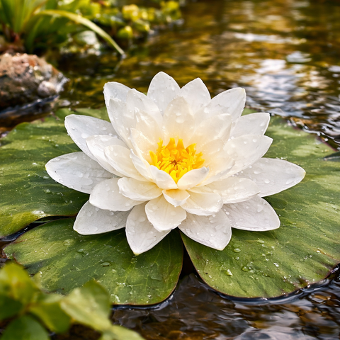 Schwimmblume mit wassertropfen weiße seerose mit gelbem zentrum auf grünen blättern im ruhigen teich