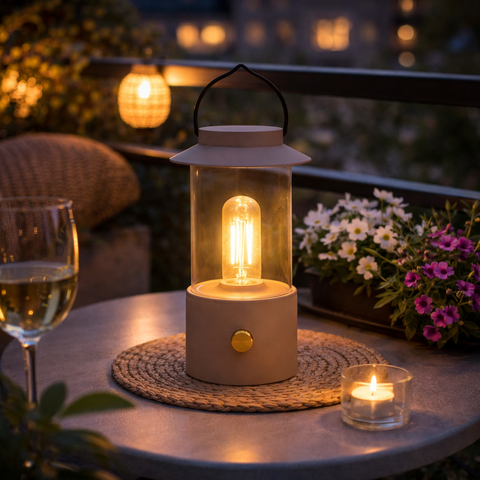 Beige outdoor laterne mit klarglas gehäuse, beleuchtetem edison helm, schwarz griff, dimmbar 24x9cm