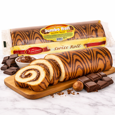 Vincenti jumbo schokoladen swiss roll mit gewelltem innen und braun marmoriertem außen jumbo roll 300 g