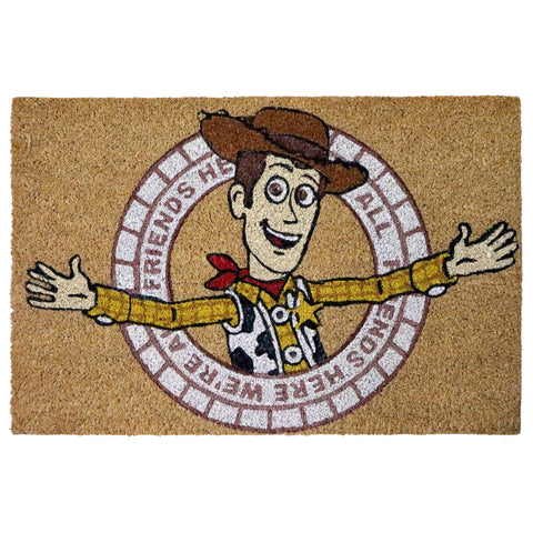 Braune fußmatte aus kokos mit cartoonabbild von woody aus toy story in cowboyhut und kariertem hemd 60 cm