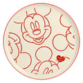 Creamfarbener disney speiseteller mit roten micky und minnie maus illustrationen 26 cm groß