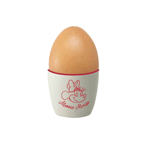 Weißer keramik eierbecher liebe minnie 5 cm mit rotem rand und pinkem minnie mouse motiv, braunes gesprenkeltes ei