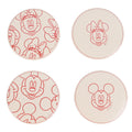 Set aus vier cremefarbenen keramikuntersetzern mit roten linienzeichnungen von mickey und minnie mouse 9 cm