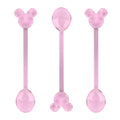 Set aus drei transluzenten rosa glaslöffeln mit einzigartigem mickey mouse kopfdesign am griffende 13 5 cm