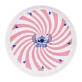 Weißer teller disney mit pink weißem spiralmuster und blauen herzen, zentriert um den stitch, durchmesser 20,2 cm