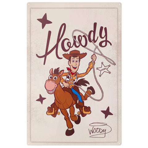 Beige rechteckige metall-gartendekorationsplatte mit cartoon-illustration von woody auf bullseye und schriftzug woody