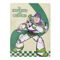 Rechteckige metall-gartendekorationsplatte mit buzz lightyear in weiß grün lila und dem spruch to infinity and beyond