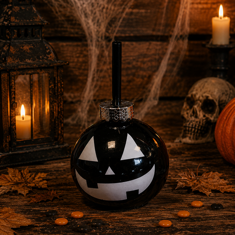Schwarzer halloween toilettenbürstenhalter mit weißem kürbisgesicht und silberner metallkappe aus der serie dekorative trinkgläser 400ml