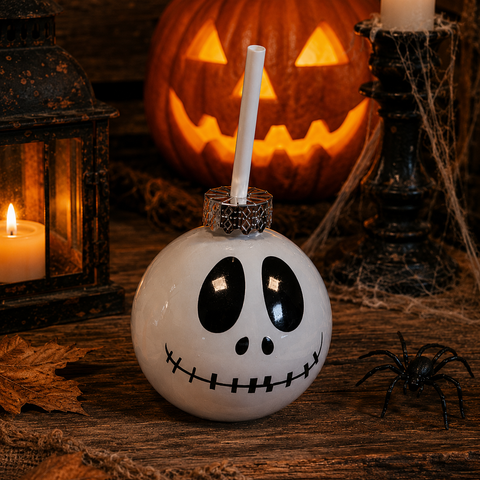 Weißer keramikhalloween-becher mit jack skellington gesicht und silberdeckel dekorative trinkgläser 400ml