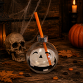 Klare glas trinkglas 400ml mit halloween motiv schwarzem kürbis gesicht und orangefarbenem strohhalm
