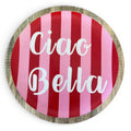 Runde holzplatte 19,5 cm mit roten und rosa streifen und weißer schrift ciao bella für dekorative zwecke