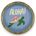 Runde dekorative platte 14,5 cm aus holz mit blau bemalter oberfläche aloha schrift grünem meeresschildkrötenmotiv