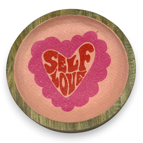 Dekorative platte 14,5 cm metallisch rosegold mit rosa herz und rotem schriftzug self love