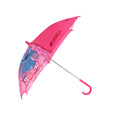 Disney Stitch Regenschirm pink mit lebhaftem blauen Stitch karakter und weißem Stitch Schriftzug auf dem canopy