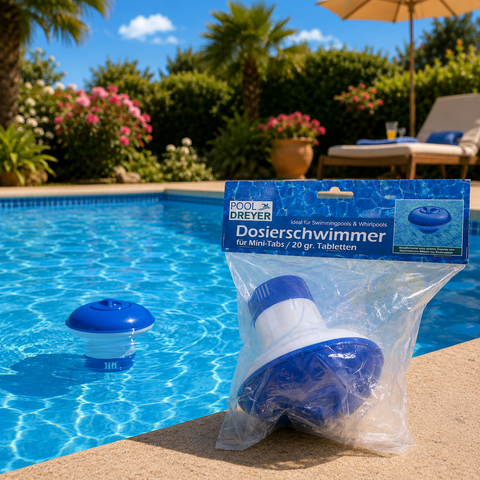 Dosierschwimmer für pools aus blauem und weißem kunststoff zur chemikaliendosierung mit blauem etikett in klarer verpackung