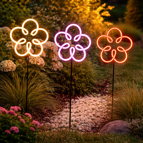 Drei beleuchtete neon outdoor garden sticks in gelb, rosa und orange als leuchtende blumengartendekoration