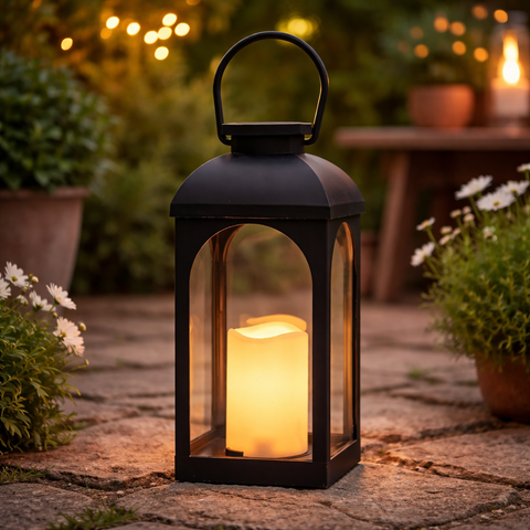Schwarze solar laterne aus metall mit klaren glasscheiben und warm leuchtender led kerze innen