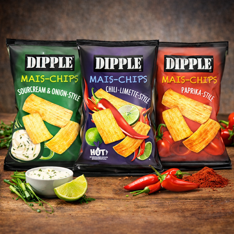 Drei tüten dipple mais chips in den geschmacksrichtungen sourcream und onion chili-limette und paprika je 90g