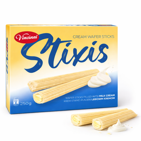 Gelb blaue verpackung von vincinni stixis waffelstäbchen mit goldbraunen wäffeln gefüllt mit milchcreme 250 g